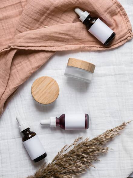 Serum bottles on soft fabric