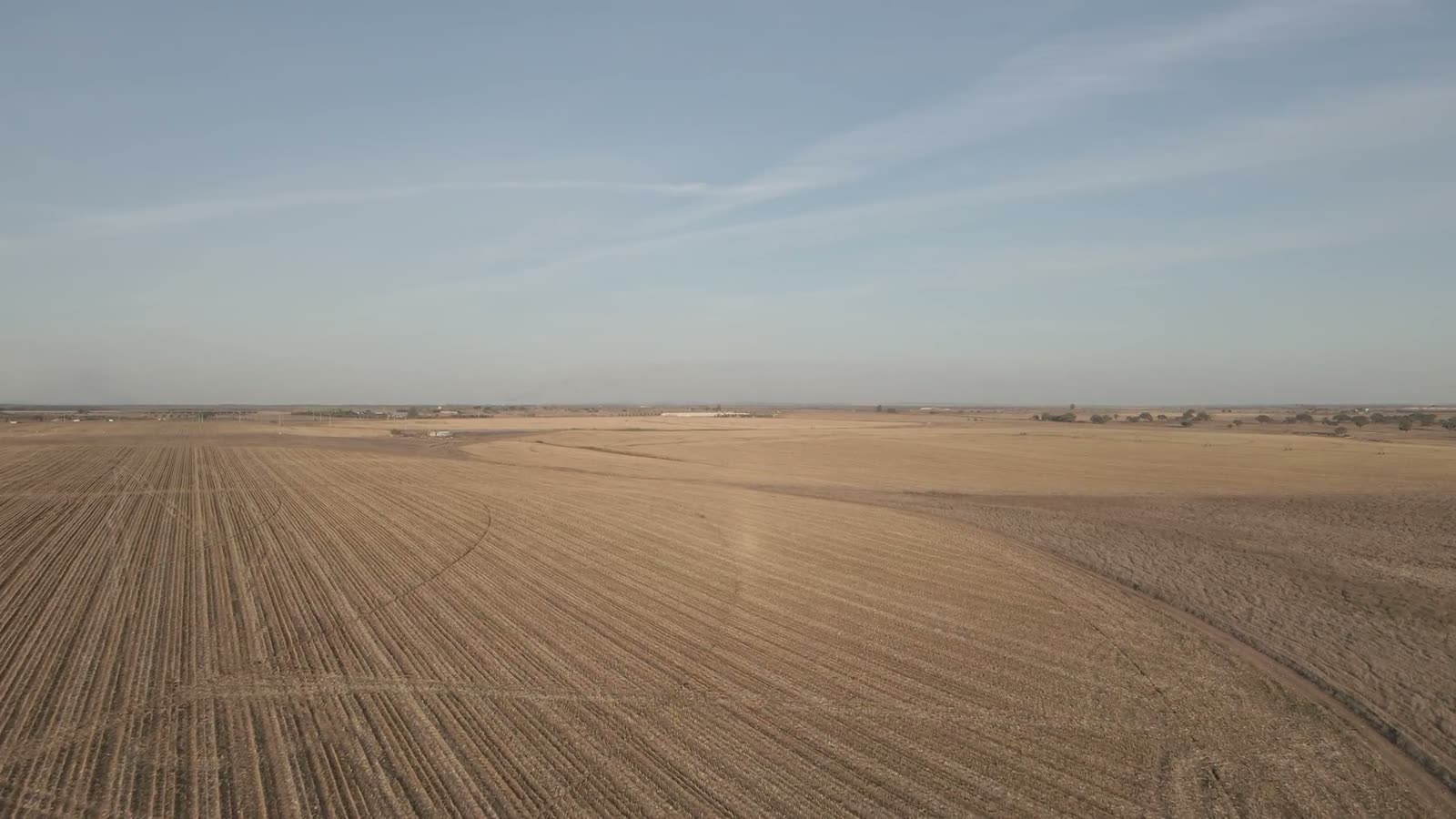 Aerial view of drill rows across a tilled paddock